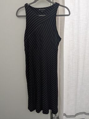 Athleta Santorini Black Pinstripe Sleeveless Midi Dress